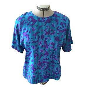 Ellen Tracey vintage silk short sleeve blouse, jewel tone teal blue & purple, 12